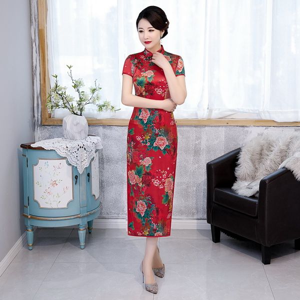 

silk women chinese traditional evening party dress elegant long qipao high split print flower cheongsam oversize vestidos, Red
