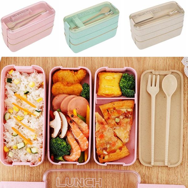 Weizenstroh-Lunchbox, gesundes Material, 3-lagig, 900 ml, Weizenstroh, Bento-Boxen, Mikrowelle, Geschirr, Lebensmittelaufbewahrungsbehälter, RRA2425