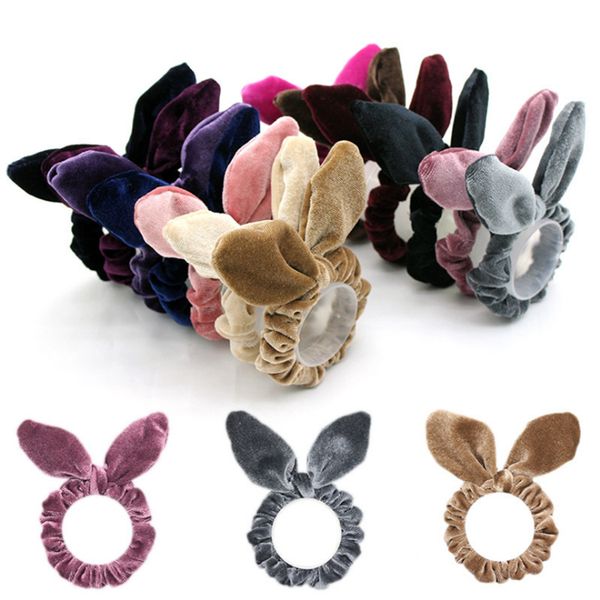 

13colors rabbit ear hairbands velvet ponytail holder rope kids girls lovely rabbit ear hair rope hair bows hair accessories wholesale mjy740, Slivery;white