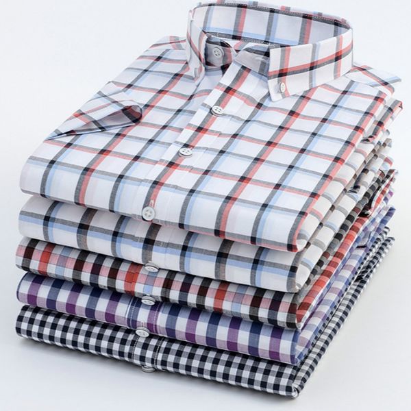 

2019 new plaid shirt men's summer fashion business slim fit dress casual short sleeve shirt camisas 15 color s-4xl, White;black