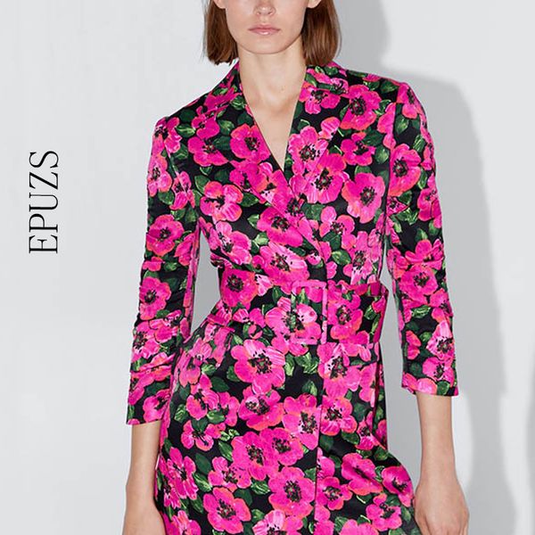 

autumn blazer mujer vintage pink floral print long blazer boho sashes long sleeve korean women blazers and jackets 2019, White;black