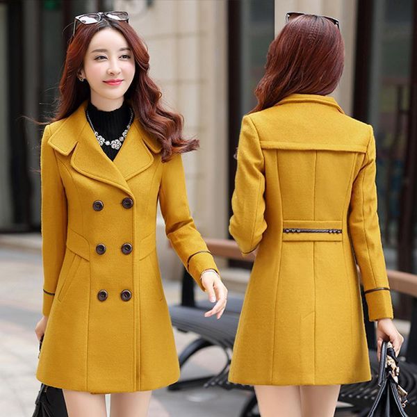 

spring autumn female overcoat slim turn-dwon collar double-breasted woolen coat women plus size wool coats-a, Black