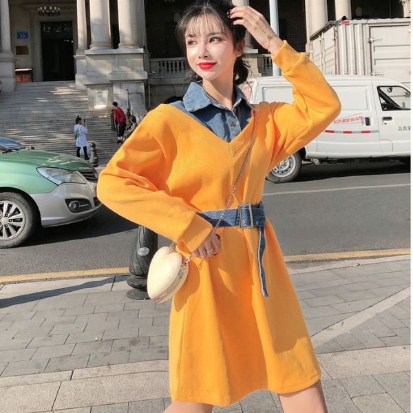 

fashion women's orange dress casual woman long sleeve straight dress female denim, Black;gray