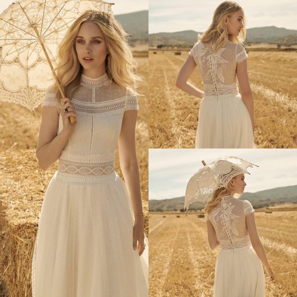 2020 Modest Rembo Styling Bohemian Collo alto Manica corta Abiti da sposa Pizzo Tulle Abito da sposa Sweep Train robe de mari￩e