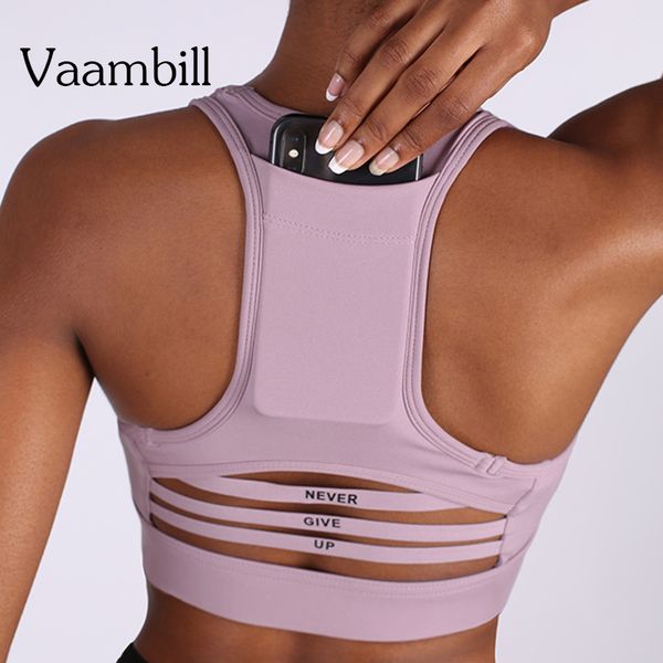

woman high impact mesh gym sports bra crop female phone pocket for yoga bra women's fitness sport bh underwear, White;black