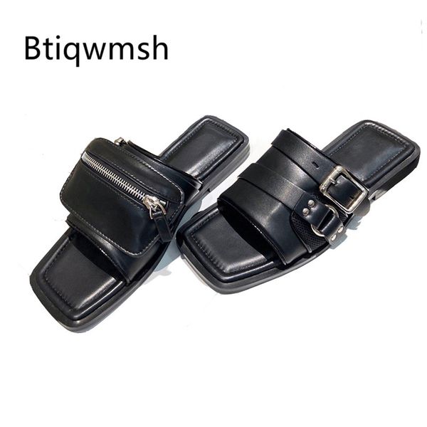 

slippers black real leather wallet women square toe open buckle flat shoes woman fashion sandals