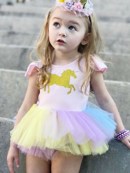 

short flying sleeve unicorn print mesh tulle party bodysuit dress for baby girl, Red;yellow