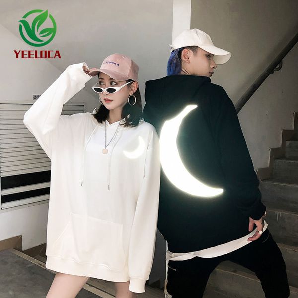 

2019 autumn winter 3m reflective moon hoodie european style hip hop oversized band fashion youth sweatshirt cap top, Black