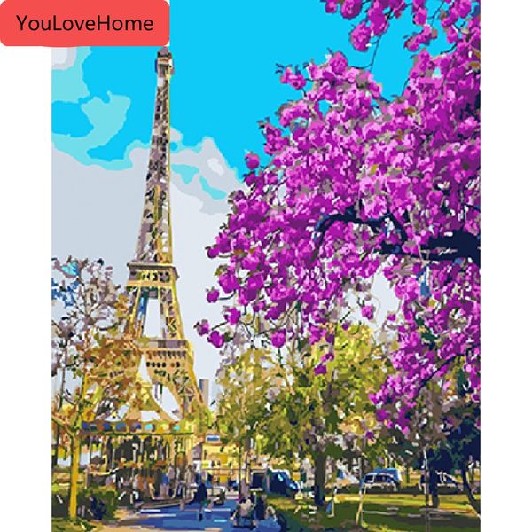 

diy pictures by numbers tower scenery oil painting flower landscape kits drawing canvas handpainted art home decoration