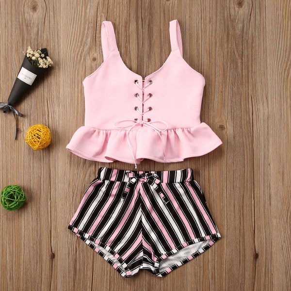 

clothing sets kids baby girls sleeveless solid color backless lace-up and bodysuit striped shorts set summer outfit, White
