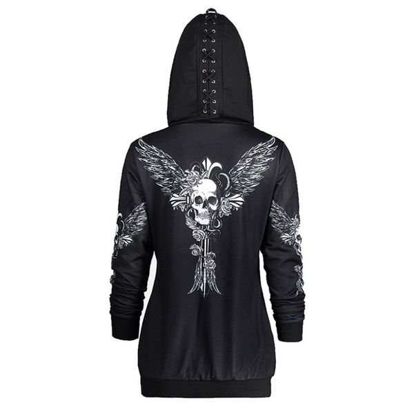 

rosetic готический череп с капюшоном толстовки женщины halloween пальто мода zipper фитнес streetwear прохладный девушки черный толстовка то, Black