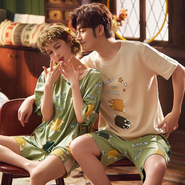 

cotton short couple pajamas set summer korean sleepwear pyjamas women cute nightwear lovers pajamas homewear men nightgowns, Blue;gray