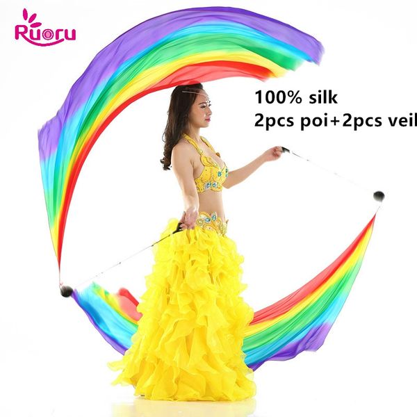 

ruoru 100% silk 2pcs silk veil+2pcs poi chain ball women belly dance veil poi streamer stage props rainbow color gradient, Black;red