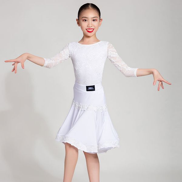 

kids rumba dance clothing girls dance dress white orange green long sleeve lace samba performance/practice costume dql2120, Black;red