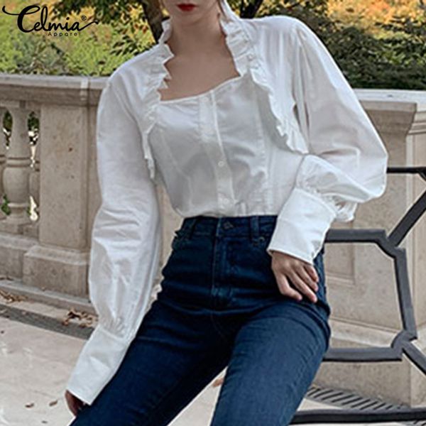 

elegant работа tops women 2020 celmia fashion square длинные рукава воротник ruffles блузы casual solid рубашка плюс размер blusas 5xl, White