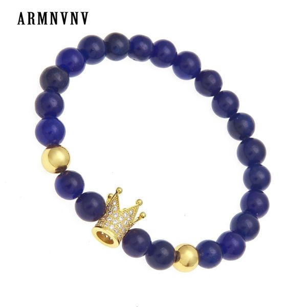

armnvnv ball with zircon crown charm bracelet set with 8mm lapis lazuli natural stone bead bracelets for women men, Black