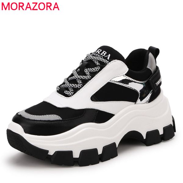 

morazora 2020 genuine leather shoes women mixed colors lace up sneakers comfortable fashion flat platform shoes woman, Black