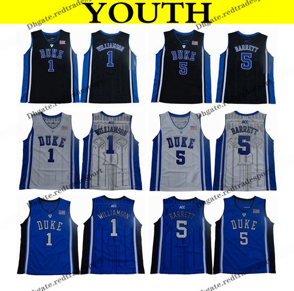 

2018 youth duke blue devils college basketball jersey boys zion williamson #1 rj barrett #5 black kids basketball shirts