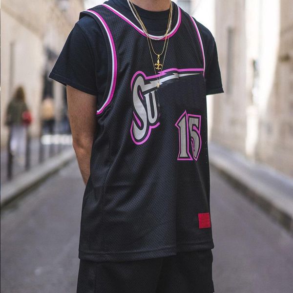 

18ss sp баскетбольный vest tee high street ретро комфортные сыпучие повседневный шею женщины мужчины пары tide рукавов футболки hfsstx034, White;black