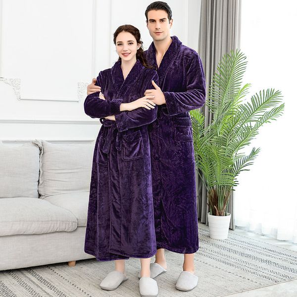 

men winter extra long thick warm flannel fleece bathrobe mens luxury kimono bath robe women fur robes male dressing gown, Black;brown