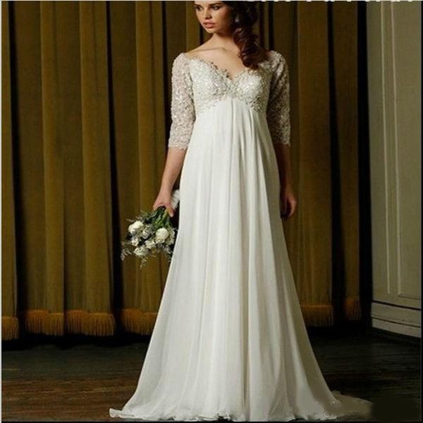 

sheer half sleeve beach bohemian wedding dresses chiffon v neck garden country bridal gowns plus size wedding dress robes de mariée, White