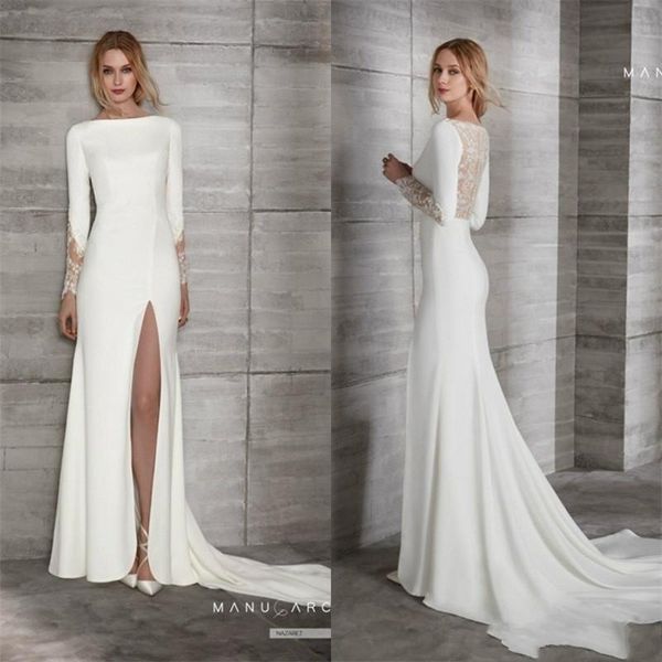 

2021 designer simple satin sheath wedding dresses lace side split garden bridal gowns jewel neck long sleeve vestidos de novia custom al4438, White