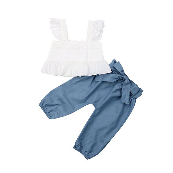 

pudcoco fashion kids baby girls outfits cotton princess 2pcs ruffles sling vest bow long pants outfits solid clothes 1-4y, White