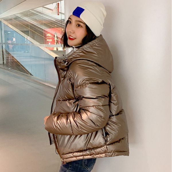 

2019 new arrival women winter jacket shining fabric cotton padded warm thicken short coat hooded fashion parka, Black