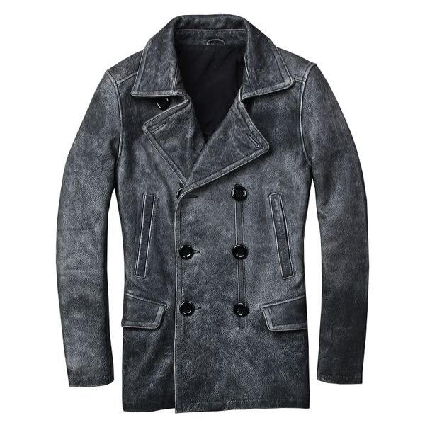 

2019 winter retro vintage grey mennew long casual leather jacket genuine cowhide double breasted leather coat xxxl, Black