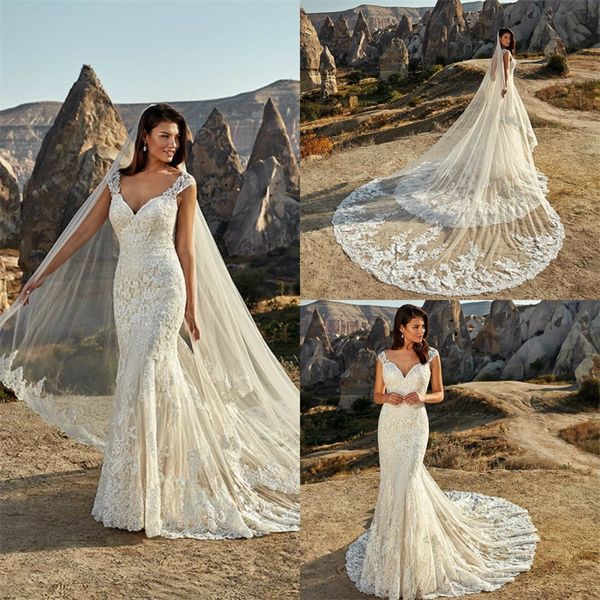

mermaid wedding dresses sweetheart sleeveless backless full appliqued lace boho bridal dress sweep train ruched tulle bridal gown cheap, White
