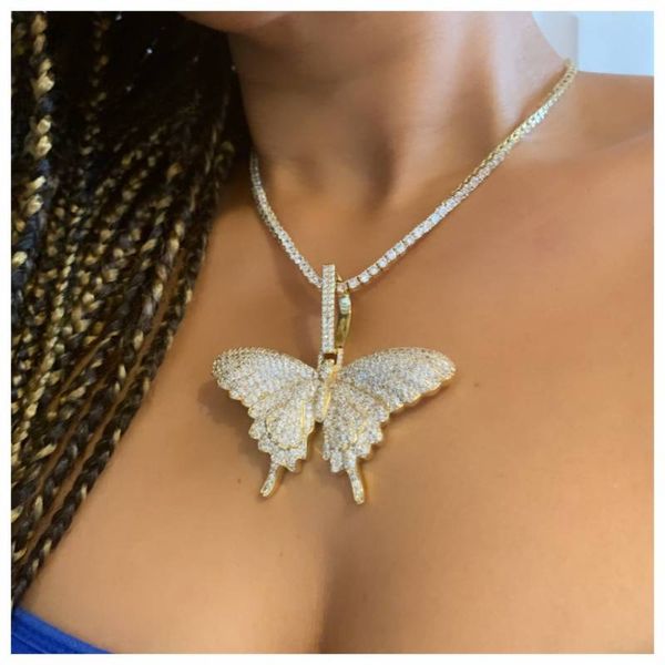 

новый пользовательский ожерелье полный iced out крылья бабочки подвеска с 12мм кубинский цепи золото серебро цвет hip hop шарм цепочки ювели, Silver