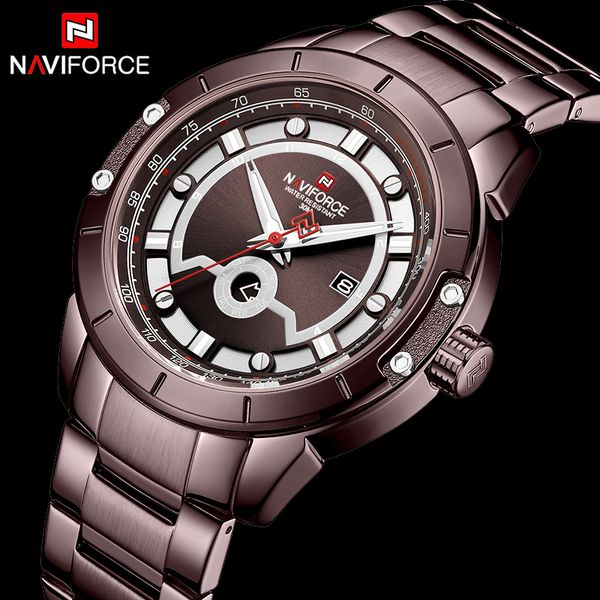 

naviforce man watch 2019 relogio masculino analog stainless steel sport watches men's army watch male date quartz clock, Slivery;brown