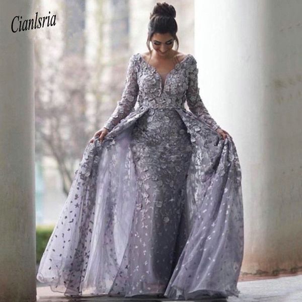 

lilac muslim evening dresses 2019 mermaid v-neck long sleeves tulle lace islamic dubai saudi arabic long prom evening gown, White;black