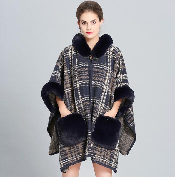 

europe autumn winter women's cloak cape coat faux fur collar lady's cardigan plaid poncho outwear coat c3907, Black