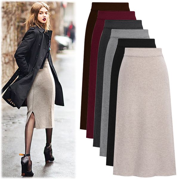 

knitting half-body skirt girls long fund will code wool skirt vent package hip women a step high waist longuette, Black