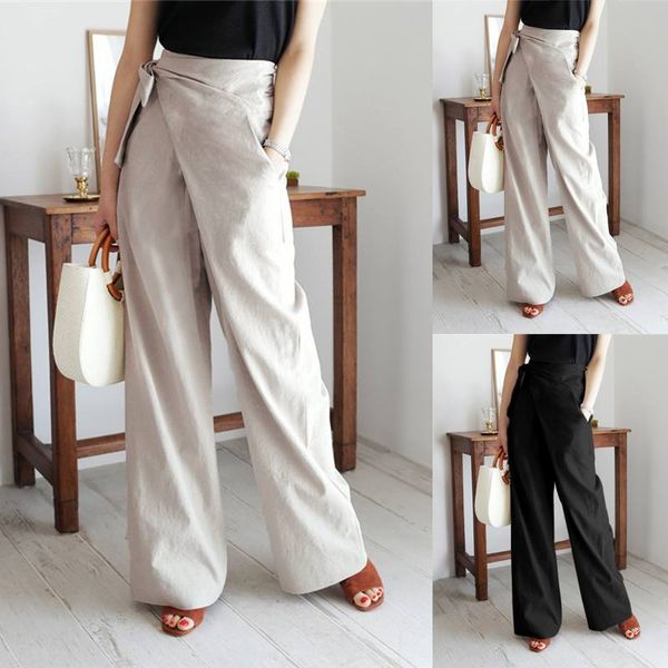 

women's pants & capris 5xl women elegant solid celmia 2021 fashion high waist bandage asymmetric loose wide leg trousers vintage linen, Black;white