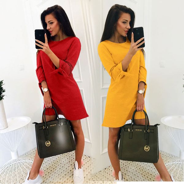 

2019 new spring ladies solid color casual dress o-neck 3/4 sleeve bow ol dress party mini dress multi size, Black;gray