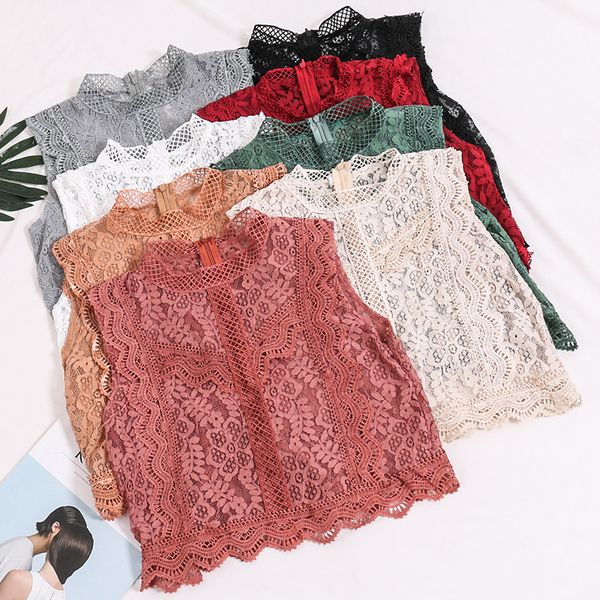 

crop tops лето женщин мода крючком кружева жилет дамы sexy выдалбливают lacework цветочные прямые рукава стенд воротник crop top, White