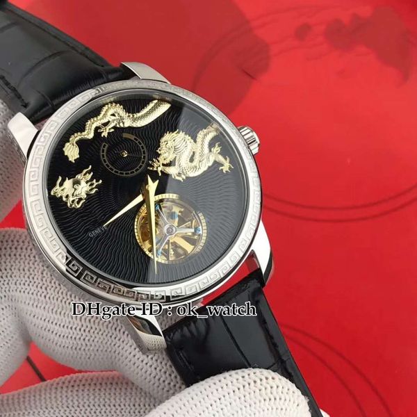 

new 44mm traditionnelle tourbillon 89000/000r-b528 mens automatic watch silver case case carved bezel new dragon totem gents sport watches, Slivery;brown