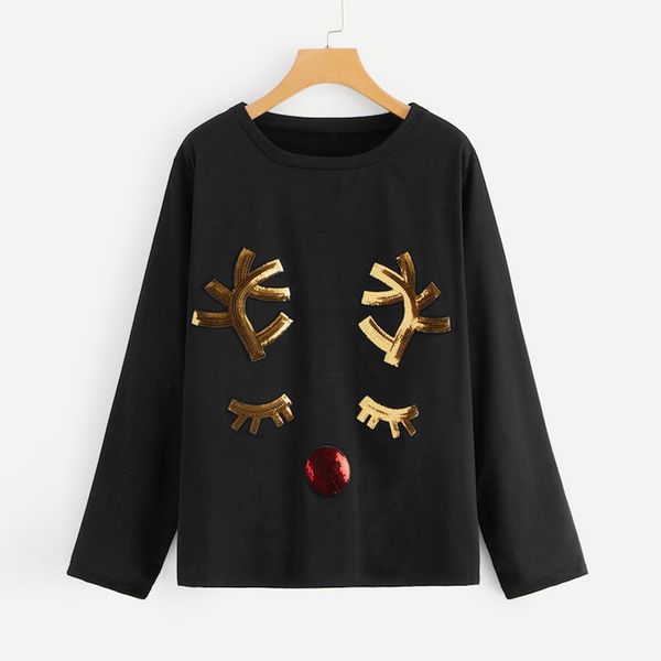 

sweatshirt women pullover elk print xmas long sleeve autumn spring basic o-neck sequin tee loose tracksuit sudadera mujer, Black