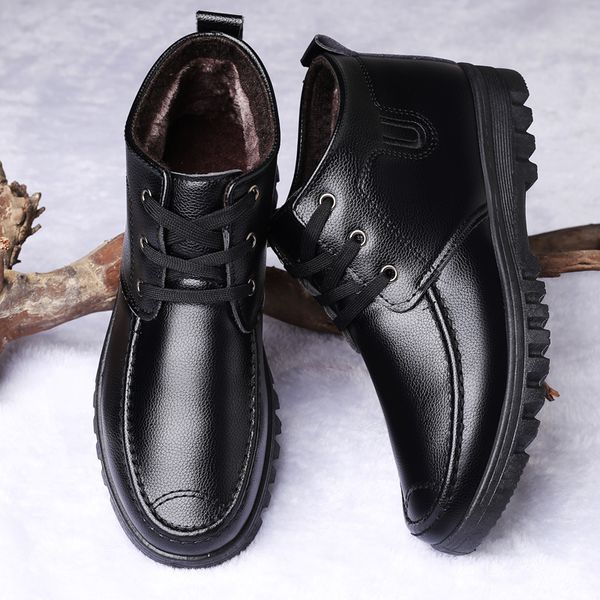 

winter warm men shoes high casual male ankle boots with fur black lace up business pu leather mans footwear furry round 789