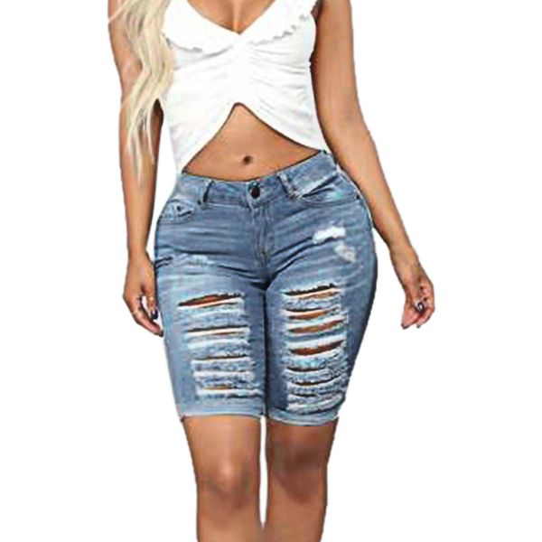 

hollow out jeans denim shorts women slim denim knee length jeans fashion hole ladies trousers skinny femme mujer#g30, Blue
