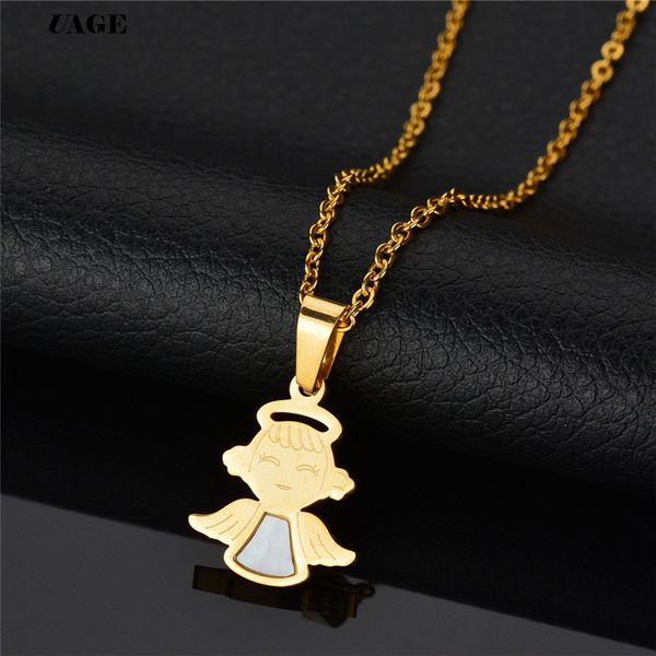 

uage cute shell halo angel pendant necklaces gold stainless steel chain necklaces for baby boy birthday gift jewelry, Silver