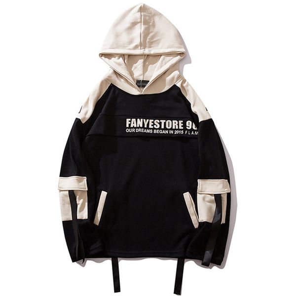 

hoodies men cool letter print men pullover hip hop style hooded sweatshirt autumn patchwork color streetwear lover, Black