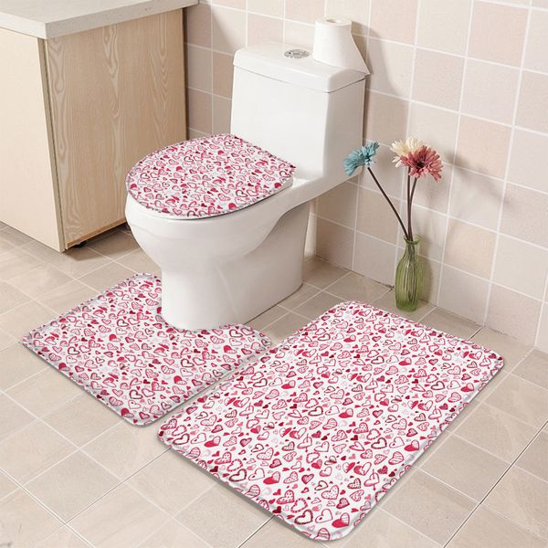 

love heart pink bath set toilet cover mat pedestal rug non-slip bathroom rug set