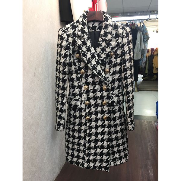 

new stylish 2018 designer wool coat women's double breasted lion buttons houndstooth tweed long coat, Black