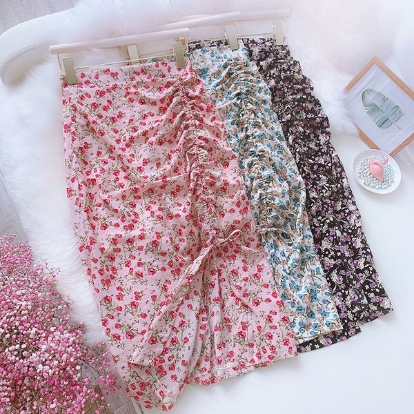 

summer women's floral chiffon skirt new elegant drawstring split high waist pack hip skirt sweet bohemian midi gd326, Black