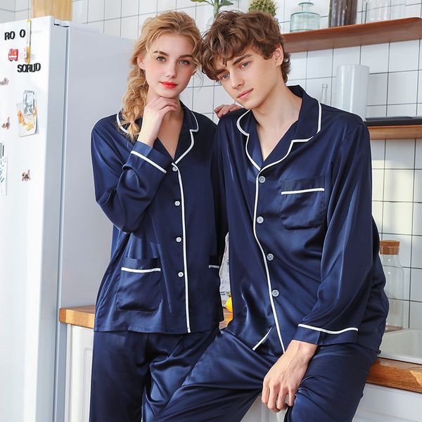 

woman emulation silk pajamas sets couple sleepwear family pijama lover night suit men & women casual home clothing, Blue;gray