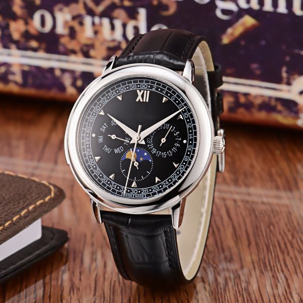 

mens watch automatic mechanical movement mineral strengthened glass mirror diameter 42mm 12mm black casual leather strap moon phase display, Slivery;brown
