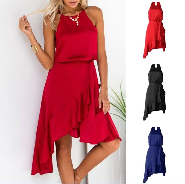 

women ruffled irregular dress sleeveless pure color neck hanging hollow back, Black;gray